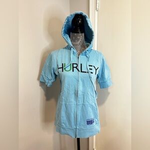 Women’s Hurley hoodie blue short sleeve. Yellow, Purple, Black Boombox Graphic L